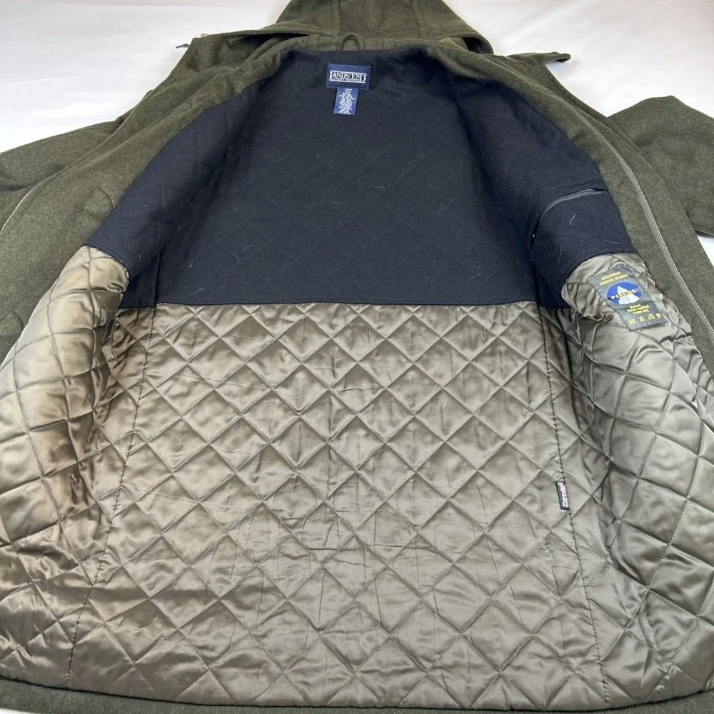 Vintage Lands End Toggle Men's Sz L Hooded Coat Wool Quilt Lined Duffle Pischl - Picture 8 of 15